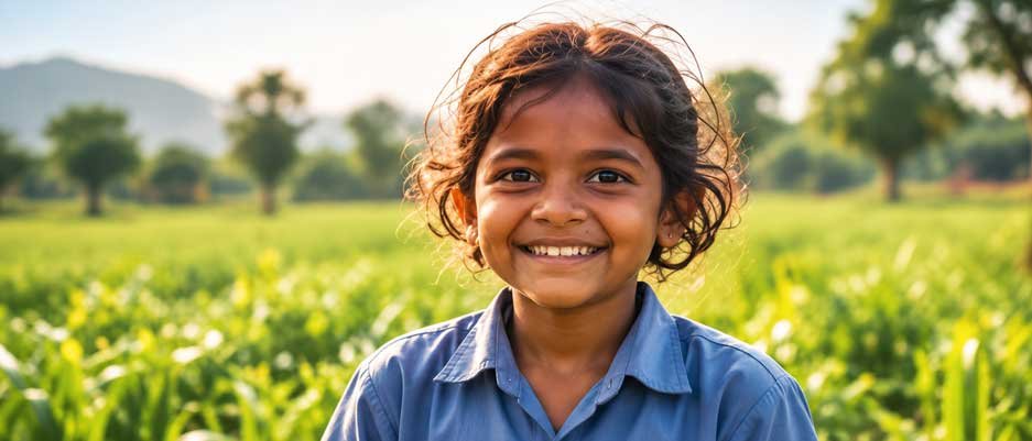 Child in a green field